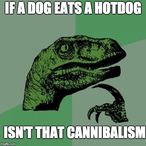 Philosoraptor Meme | IF A DOG EATS A HOTDOG; ISN'T THAT CANNIBALISM | image tagged in memes,philosoraptor | made w/ Imgflip meme maker