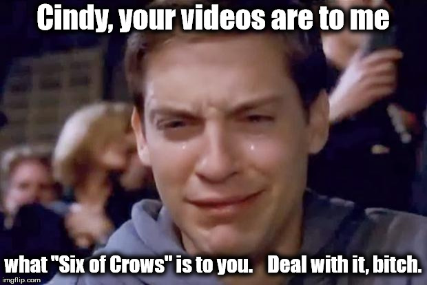 Tobey Maguire crying | Cindy, your videos are to me; what "Six of Crows" is to you.    Deal with it, bitch. | image tagged in tobey maguire crying | made w/ Imgflip meme maker