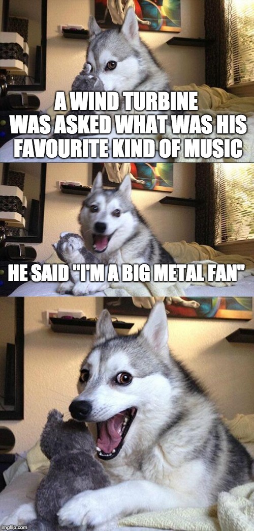 Bad Pun Dog Meme | A WIND TURBINE WAS ASKED WHAT WAS HIS FAVOURITE KIND OF MUSIC; HE SAID "I'M A BIG METAL FAN" | image tagged in memes,bad pun dog | made w/ Imgflip meme maker