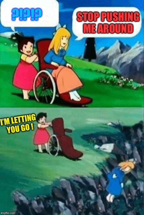 wheelchair chicks | STOP PUSHING ME AROUND ?!?!? I’M LETTING YOU GO ! | image tagged in wheelchair chicks | made w/ Imgflip meme maker