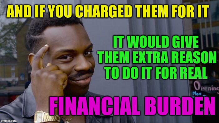 Roll Safe Think About It Meme | AND IF YOU CHARGED THEM FOR IT IT WOULD GIVE THEM EXTRA REASON TO DO IT FOR REAL FINANCIAL BURDEN | image tagged in memes,roll safe think about it | made w/ Imgflip meme maker