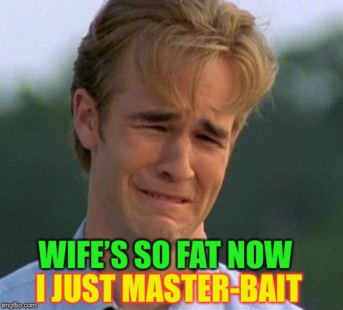1990s First World Problems Meme | WIFE’S SO FAT NOW I JUST MASTER-BAIT | image tagged in memes,1990s first world problems | made w/ Imgflip meme maker