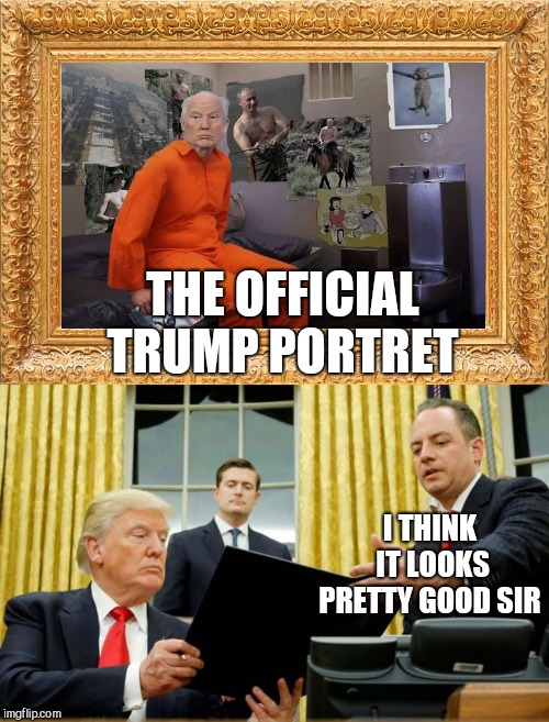 For once he really got framed  | THE OFFICIAL TRUMP PORTRET; I THINK IT LOOKS PRETTY GOOD SIR | image tagged in donald trump | made w/ Imgflip meme maker