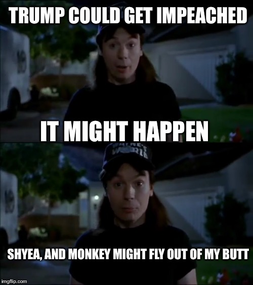 Party on trump, party on America, Bewewewewewewew! | TRUMP COULD GET IMPEACHED; IT MIGHT HAPPEN; SHYEA, AND MONKEY MIGHT FLY OUT OF MY BUTT | image tagged in trumps world,trump impeachment,funny | made w/ Imgflip meme maker