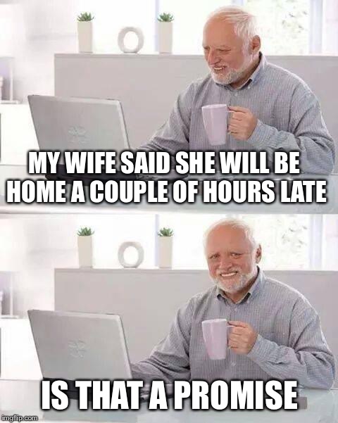 Hide the Pain Harold Meme | MY WIFE SAID SHE WILL BE HOME A COUPLE OF HOURS LATE; IS THAT A PROMISE | image tagged in memes,hide the pain harold | made w/ Imgflip meme maker