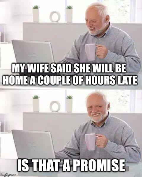 Hide the Pain Harold | MY WIFE SAID SHE WILL BE HOME A COUPLE OF HOURS LATE; IS THAT A PROMISE | image tagged in memes,hide the pain harold | made w/ Imgflip meme maker