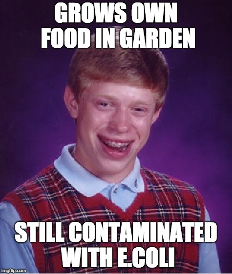 Bad Luck Brian | GROWS OWN FOOD IN GARDEN; STILL CONTAMINATED WITH E.COLI | image tagged in memes,bad luck brian | made w/ Imgflip meme maker