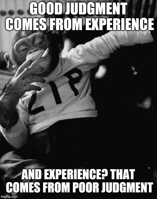 I wish someone had told me about this thirty years ago | GOOD JUDGMENT COMES FROM EXPERIENCE; AND EXPERIENCE? THAT COMES FROM POOR JUDGMENT | image tagged in smoking monkey,good judgment | made w/ Imgflip meme maker