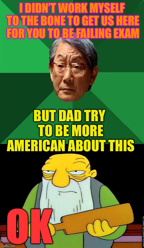 I DIDN’T WORK MYSELF TO THE BONE TO GET US HERE FOR YOU TO BE FAILING EXAM OK BUT DAD TRY TO BE MORE AMERICAN ABOUT THIS | image tagged in memes,high expectations asian father,that's a paddlin' | made w/ Imgflip meme maker