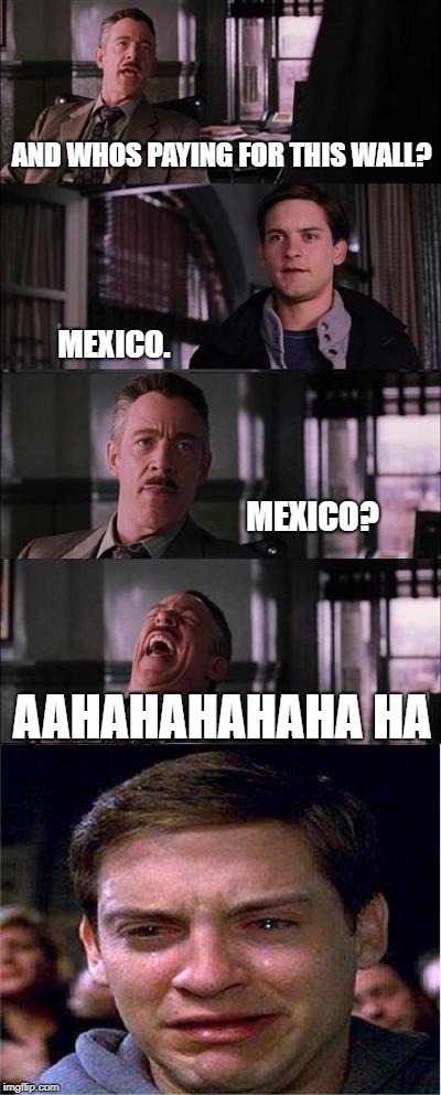 Pay Me! | AND WHOS PAYING FOR THIS WALL? MEXICO. MEXICO? AAHAHAHAHAHA HA | image tagged in memes,peter parker cry | made w/ Imgflip meme maker