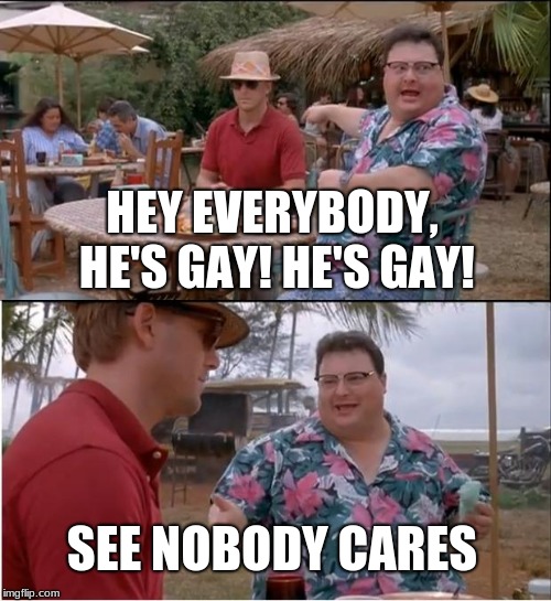 See Nobody Cares | HEY EVERYBODY, HE'S GAY! HE'S GAY! SEE NOBODY CARES | image tagged in memes,see nobody cares | made w/ Imgflip meme maker