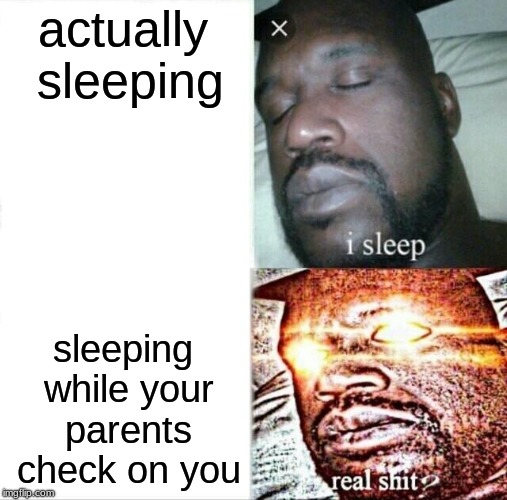 Sleeping Shaq Meme | actually sleeping; sleeping while your parents check on you | image tagged in memes,sleeping shaq | made w/ Imgflip meme maker