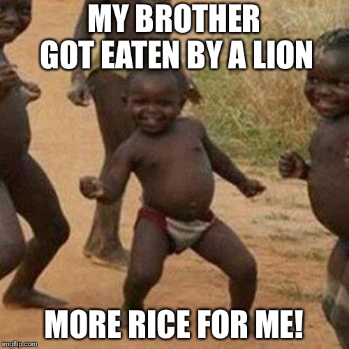 Third World Success Kid | MY BROTHER GOT EATEN BY A LION; MORE RICE FOR ME! | image tagged in memes,third world success kid | made w/ Imgflip meme maker