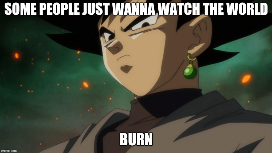 Goku Black Serious | SOME PEOPLE JUST WANNA WATCH THE WORLD; BURN | image tagged in goku black serious | made w/ Imgflip meme maker