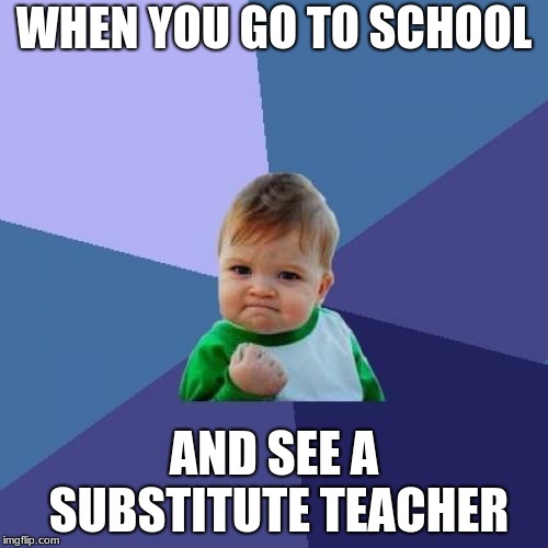 Success Kid | WHEN YOU GO TO SCHOOL; AND SEE A SUBSTITUTE TEACHER | image tagged in memes,success kid | made w/ Imgflip meme maker