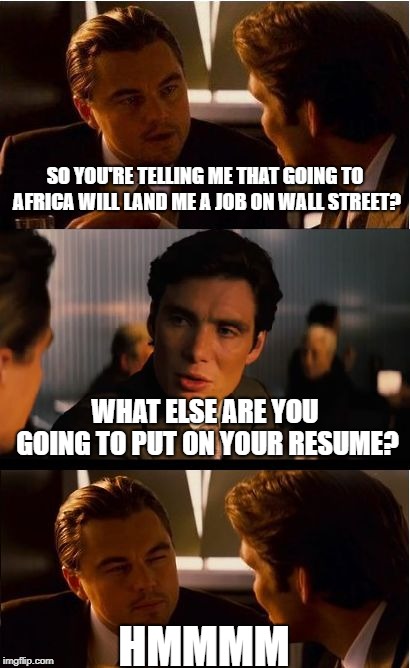 Inception | SO YOU'RE TELLING ME THAT GOING TO AFRICA WILL LAND ME A JOB ON WALL STREET? WHAT ELSE ARE YOU GOING TO PUT ON YOUR RESUME? HMMMM | image tagged in memes,inception | made w/ Imgflip meme maker