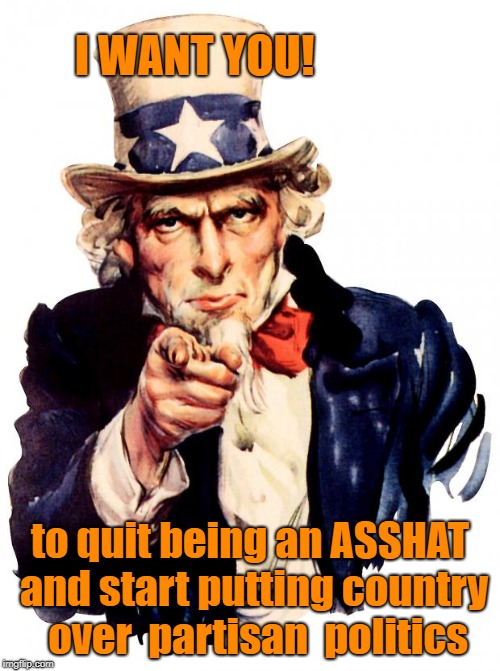If The Shoe Fits... | I WANT YOU! to quit being an ASSHAT and start putting country  over  partisan  politics | image tagged in memes,uncle sam,partisan politics,being a jerk through your memes | made w/ Imgflip meme maker