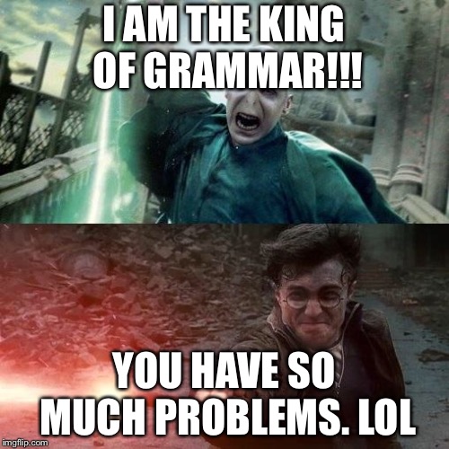 Harry Potter meme | I AM THE KING OF GRAMMAR!!! YOU HAVE SO MUCH PROBLEMS. LOL | image tagged in harry potter meme | made w/ Imgflip meme maker