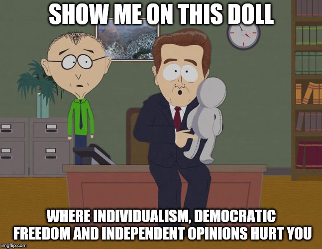 where did he touch you  | SHOW ME ON THIS DOLL; WHERE INDIVIDUALISM, DEMOCRATIC FREEDOM AND INDEPENDENT OPINIONS HURT YOU | image tagged in where did he touch you,show me on this doll,memes | made w/ Imgflip meme maker