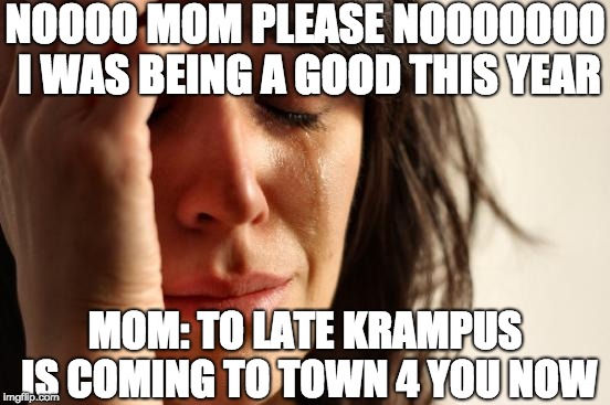 First World Problems | NOOOO MOM PLEASE NOOOOOOO I WAS BEING A GOOD THIS YEAR; MOM: TO LATE KRAMPUS IS COMING TO TOWN 4 YOU NOW | image tagged in memes,first world problems | made w/ Imgflip meme maker