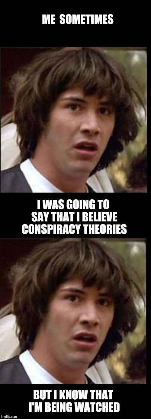 Double Keanu Conspiracy Interaction | ME  SOMETIMES; I WAS GOING TO SAY THAT I BELIEVE CONSPIRACY THEORIES; BUT I KNOW THAT I'M BEING WATCHED | image tagged in double keanu reeves interaction,conspiracy keanu,conspiracy theories,surveillance,watch | made w/ Imgflip meme maker