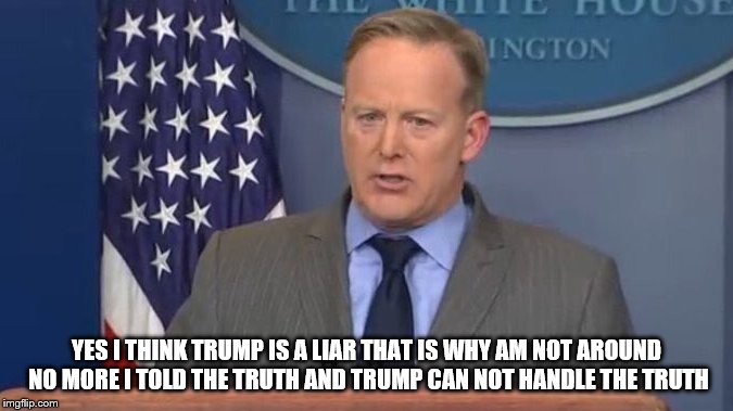 trump is a liar | YES I THINK TRUMP IS A LIAR THAT IS WHY AM NOT AROUND NO MORE I TOLD THE TRUTH AND TRUMP CAN NOT HANDLE THE TRUTH | image tagged in sean spicer liar,liar,liar liar,trump liar,meme,memes | made w/ Imgflip meme maker