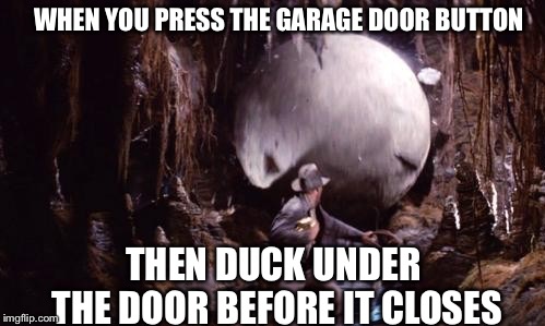 I can hear the Indiana Jones music in my head every time. | WHEN YOU PRESS THE GARAGE DOOR BUTTON; THEN DUCK UNDER THE DOOR BEFORE IT CLOSES | image tagged in indiana jones boulder | made w/ Imgflip meme maker