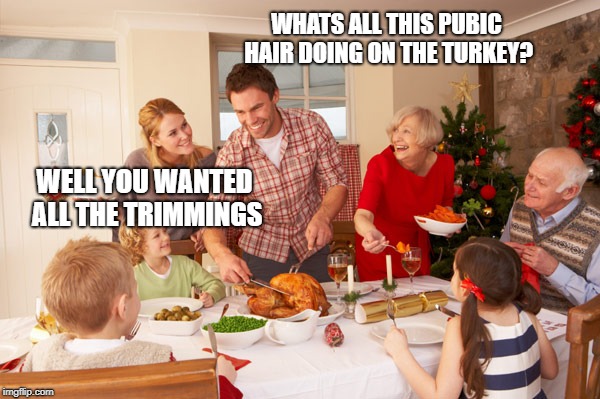 Christmas Dinner | WHATS ALL THIS PUBIC HAIR DOING ON THE TURKEY? WELL YOU WANTED ALL THE TRIMMINGS | image tagged in christmas dinner | made w/ Imgflip meme maker