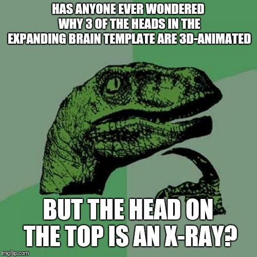 Anybody? | HAS ANYONE EVER WONDERED WHY 3 OF THE HEADS IN THE EXPANDING BRAIN TEMPLATE ARE 3D-ANIMATED; BUT THE HEAD ON THE TOP IS AN X-RAY? | image tagged in memes,philosoraptor,expanding brain | made w/ Imgflip meme maker