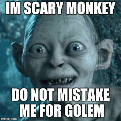 Gollum | IM SCARY MONKEY; DO NOT MISTAKE ME FOR GOLEM | image tagged in memes,gollum | made w/ Imgflip meme maker