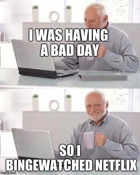 Hide the Pain Harold | I WAS HAVING A BAD DAY; SO I BINGEWATCHED NETFLIX | image tagged in memes,hide the pain harold | made w/ Imgflip meme maker