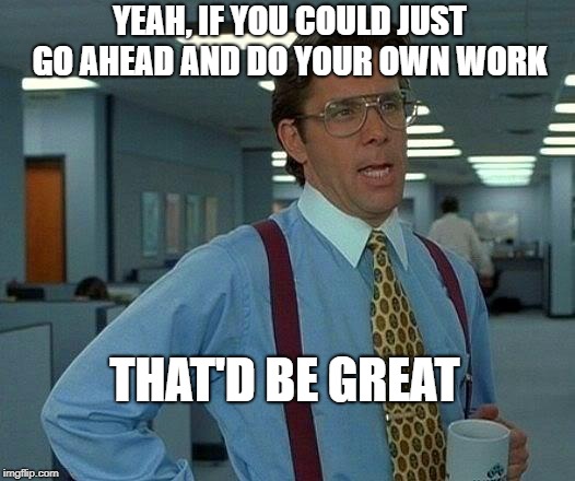 That Would Be Great Meme | YEAH, IF YOU COULD JUST GO AHEAD AND DO YOUR OWN WORK; THAT'D BE GREAT | image tagged in memes,that would be great | made w/ Imgflip meme maker