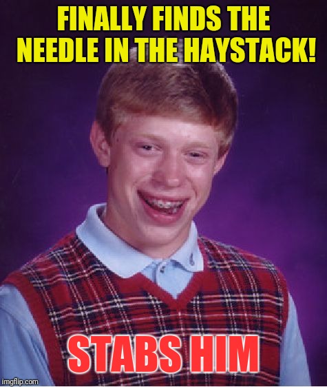 Bad Luck Brian | FINALLY FINDS THE NEEDLE IN THE HAYSTACK! STABS HIM | image tagged in memes,bad luck brian | made w/ Imgflip meme maker