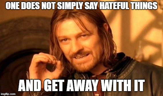 One Does Not Simply Meme | ONE DOES NOT SIMPLY SAY HATEFUL THINGS; AND GET AWAY WITH IT | image tagged in memes,one does not simply | made w/ Imgflip meme maker