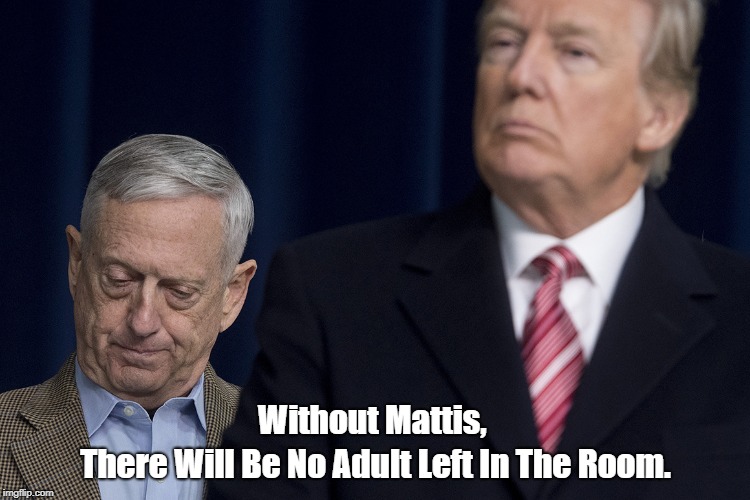 "Without Mattis, There Will Be No Adult Left In The Oval Office" | Without Mattis, There Will Be No Adult Left In The Room. | image tagged in jim mad dog mattis,deplorable donald,despicable donald,deceitful donald,dishonorable donald,dishonest donald trump | made w/ Imgflip meme maker