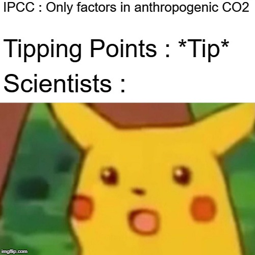 Surprised Pikachu Meme | IPCC : Only factors in anthropogenic CO2; Tipping Points : *Tip*; Scientists : | image tagged in memes,surprised pikachu | made w/ Imgflip meme maker