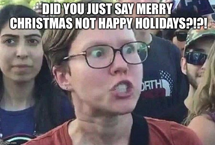 Made this for no real reason just think it might be popular | DID YOU JUST SAY MERRY CHRISTMAS NOT HAPPY HOLIDAYS?!?! | image tagged in triggered liberal,christmas,merry christmas,happy holidays | made w/ Imgflip meme maker