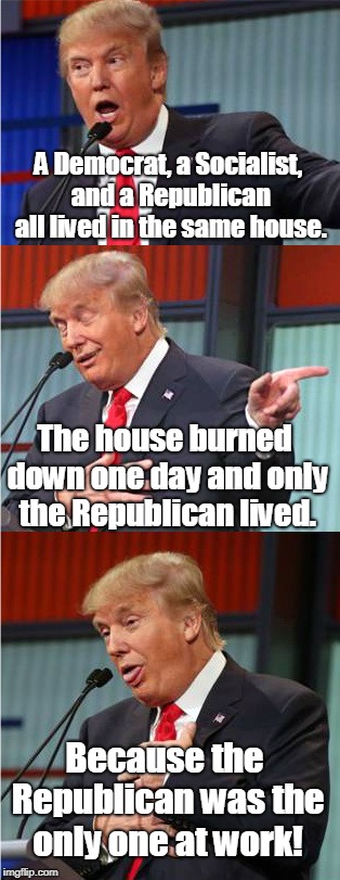 Sad Pun Trump (sad because it's true) | A Democrat, a Socialist, and a Republican all lived in the same house. The house burned down one day and only the Republican lived. Because the Republican was the only one at work! | image tagged in bad pun trump,democrats,socialists,republicans,house fire,memes | made w/ Imgflip meme maker