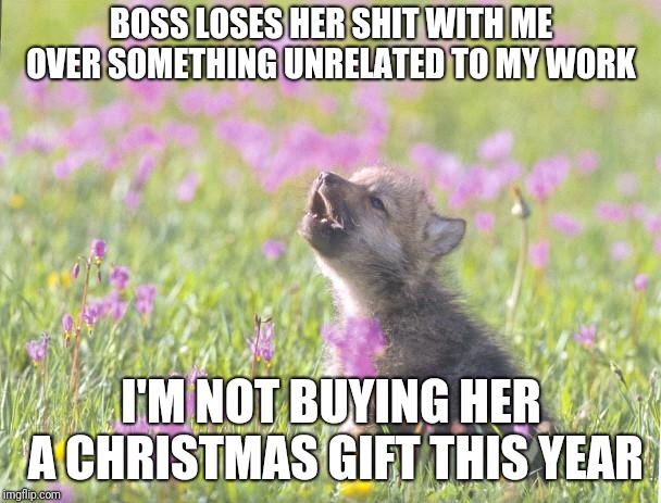Baby Insanity Wolf | BOSS LOSES HER SHIT WITH ME OVER SOMETHING UNRELATED TO MY WORK; I'M NOT BUYING HER A CHRISTMAS GIFT THIS YEAR | image tagged in memes,baby insanity wolf,AdviceAnimals | made w/ Imgflip meme maker