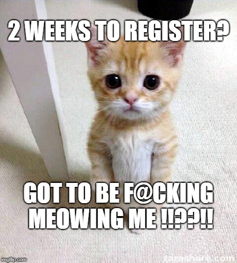 Cute Cat Meme | 2 WEEKS TO REGISTER? GOT TO BE F@CKING MEOWING ME !!??!! | image tagged in memes,cute cat | made w/ Imgflip meme maker