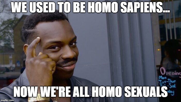 Roll Safe Think About It Meme | WE USED TO BE HOMO SAPIENS... NOW WE'RE ALL HOMO SEXUALS | image tagged in memes,roll safe think about it | made w/ Imgflip meme maker