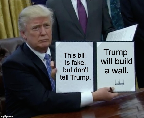 Trump Bill Signing | This bill is fake, but don't tell Trump. Trump will build a wall. | image tagged in memes,trump bill signing | made w/ Imgflip meme maker