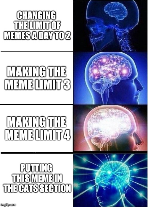 Expanding Brain | CHANGING THE LIMIT OF MEMES A DAY TO 2; MAKING THE MEME LIMIT 3; MAKING THE MEME LIMIT 4; PUTTING THIS MEME IN THE CATS SECTION | image tagged in memes,expanding brain | made w/ Imgflip meme maker
