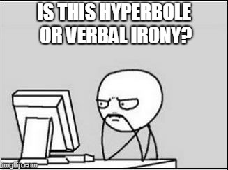 Thinking at Computer | IS THIS HYPERBOLE OR VERBAL IRONY? | image tagged in thinking at computer | made w/ Imgflip meme maker