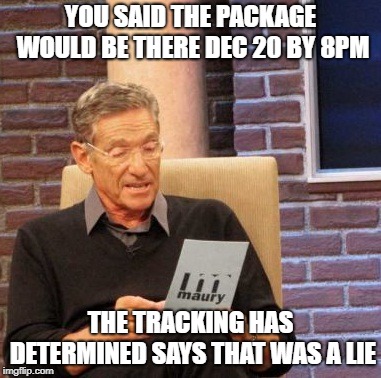 Maury Lie Detector Meme | YOU SAID THE PACKAGE WOULD BE THERE DEC 20 BY 8PM; THE TRACKING HAS DETERMINED SAYS THAT WAS A LIE | image tagged in memes,maury lie detector | made w/ Imgflip meme maker
