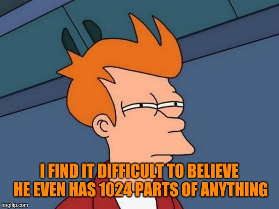 Futurama Fry Meme | I FIND IT DIFFICULT TO BELIEVE HE EVEN HAS 1024 PARTS OF ANYTHING | image tagged in memes,futurama fry | made w/ Imgflip meme maker