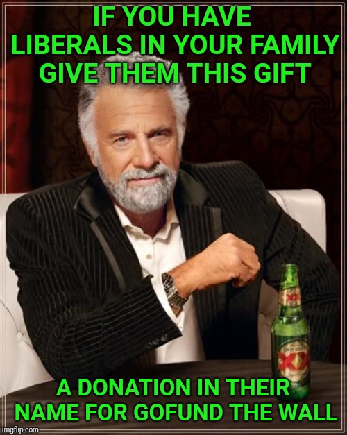 Link is in the comments.  You're welcome. | IF YOU HAVE LIBERALS IN YOUR FAMILY GIVE THEM THIS GIFT; A DONATION IN THEIR NAME FOR GOFUND THE WALL | image tagged in the most interesting man in the world,gofundme,trump wall,liberals,christmas gifts,family | made w/ Imgflip meme maker