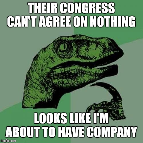 Philosoraptor Meme | THEIR CONGRESS CAN'T AGREE ON NOTHING; LOOKS LIKE I'M ABOUT TO HAVE COMPANY | image tagged in memes,philosoraptor | made w/ Imgflip meme maker