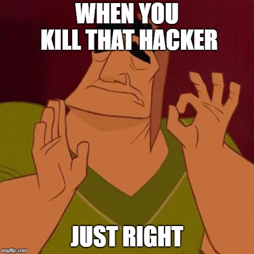 Pacha perfect | WHEN YOU KILL THAT HACKER; JUST RIGHT | image tagged in pacha perfect | made w/ Imgflip meme maker