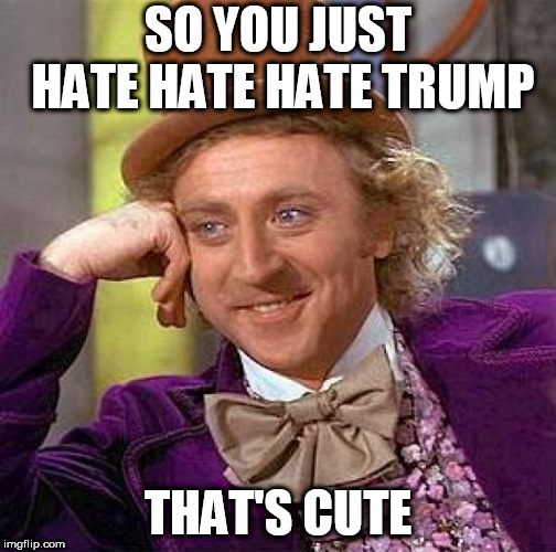 Creepy Condescending Wonka | SO YOU JUST HATE HATE HATE TRUMP; THAT'S CUTE | image tagged in memes,creepy condescending wonka | made w/ Imgflip meme maker